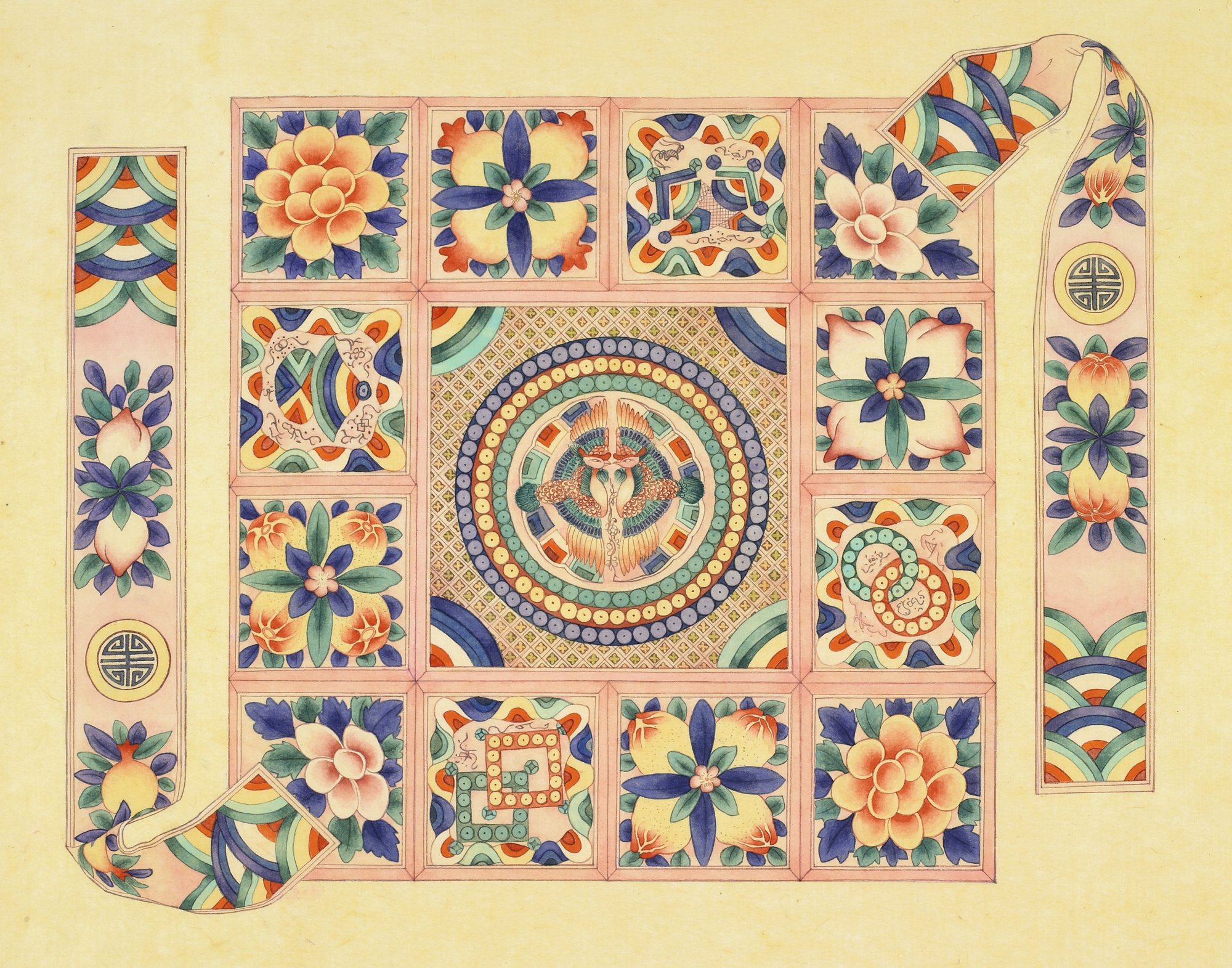 봉황문인문보 — Phoenix-pattern wrapping cloth, mineral pigment on hanji