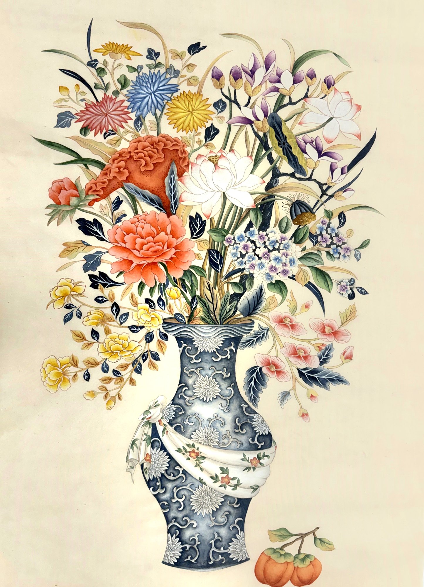 화병도 — Flowers in a Vase: peonies, chrysanthemums, cockscomb and lotus in a blue-and-white vase, persimmons beside it