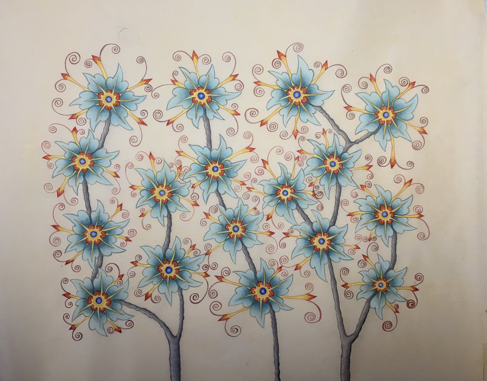 화훼도 — stylized blue blossoms with scrolling tendrils
