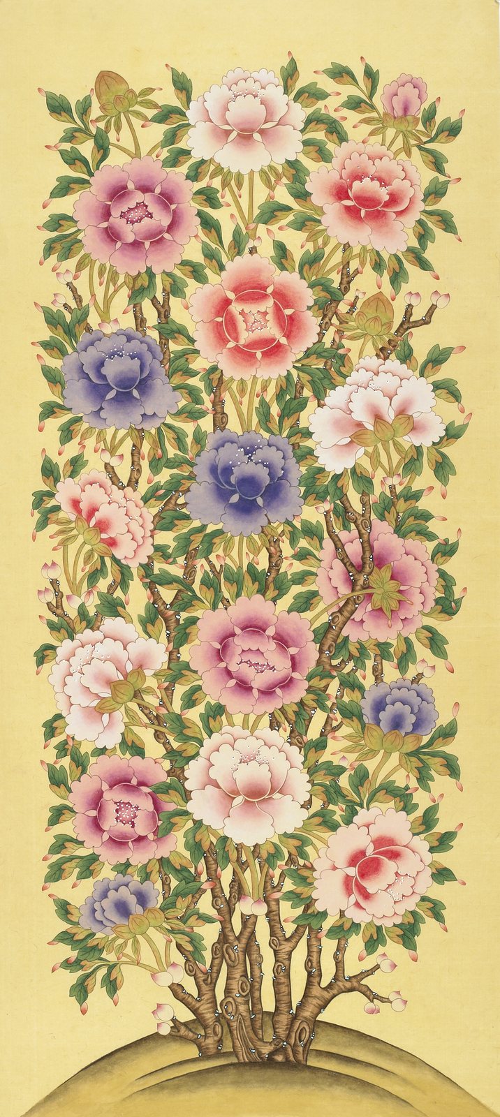 궁모란도 — Court Peonies, peony tree in full bloom on golden hanji