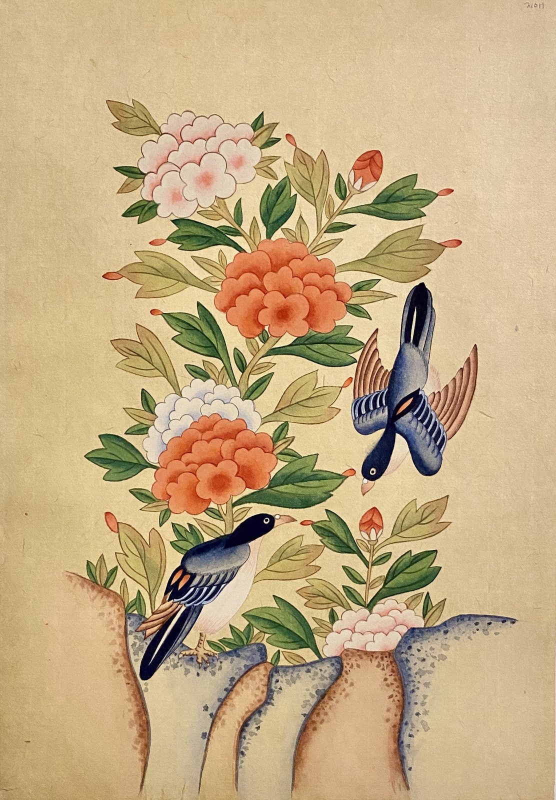 모란화조도 — a pair of birds among peonies