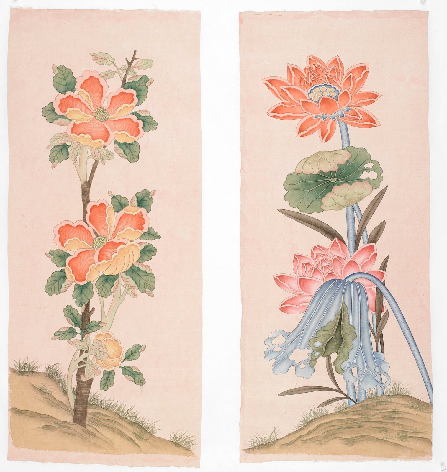 사계화 2부 — camellia and lotus panels on pink hanji