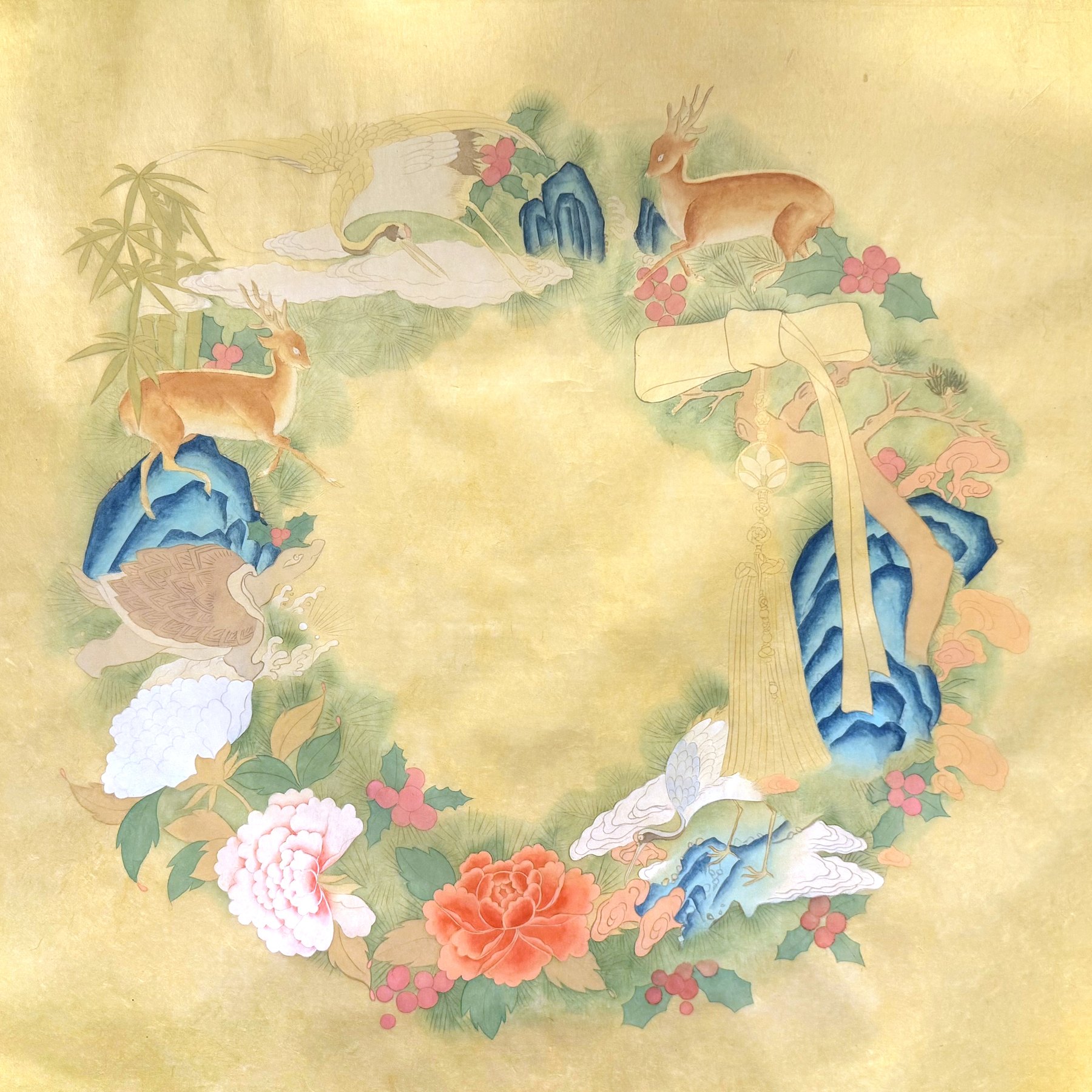 십장생 리스 — Ten Longevity Symbols arranged as a wreath on dyed hanji: cranes, deer, turtle, pine, bamboo, rocks and peonies